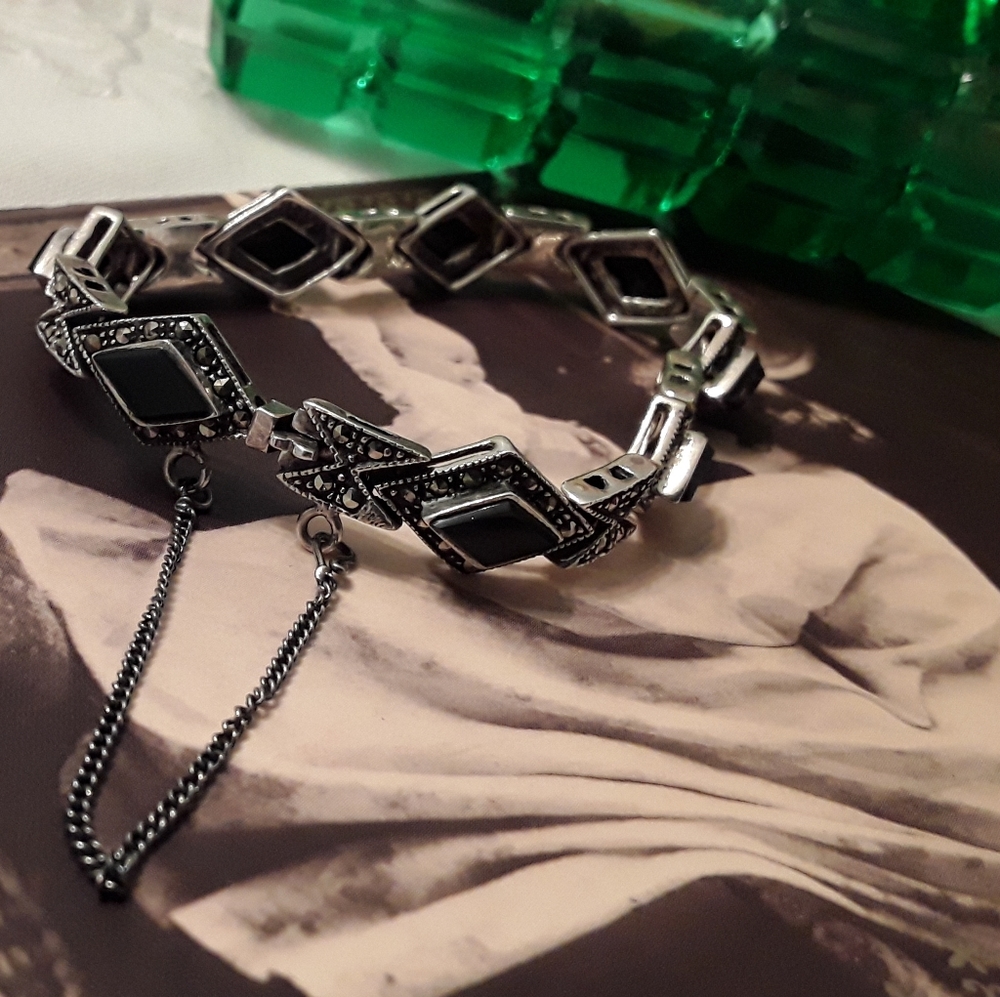 VTG. 925 STERLING MARCASITE & ONYX LINK BRACELET - Picture 2 of 8